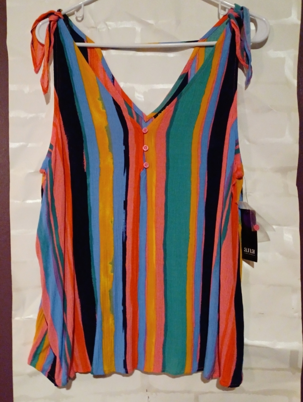 NWT vibrant a.n.a Multicolor Striped Tie-Shoulder Women's Sleeveless Blouse La -